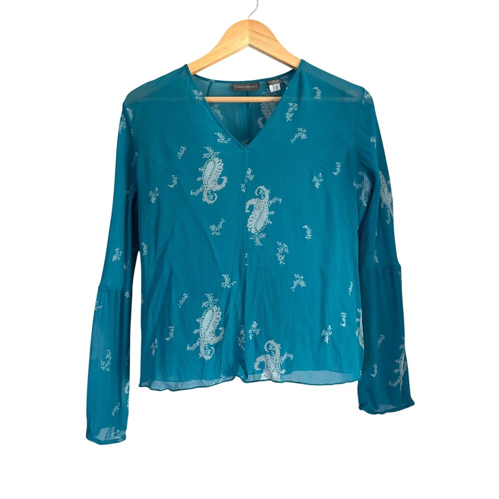 Y2K Banana Republic Silk Top Teal Blue Bell Sleeves Sheer Asian Print Medium